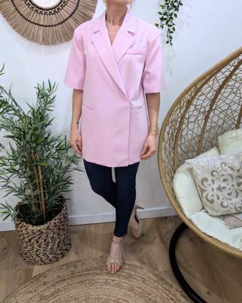 Blazer long femme manches courtes avec fentes sur les côtés rose 